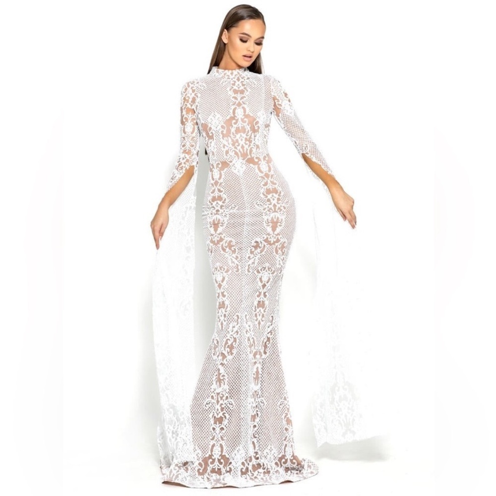 Portia and Scarlett Glitter Lace Mockneck Floor Length Bat Sleeve Evening Dress